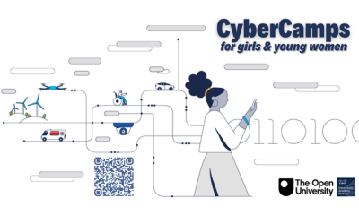 animated image of a woman using a tablet, amidst some decorative tech bubbles. The text reads "Cyber Camps for girls and young women". Featuring Open University and Cisco logos.