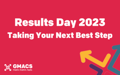 Red background with GMACS logo and arrows design. Image text reads "Results Day 2023: Taking Your Next Best Step"
