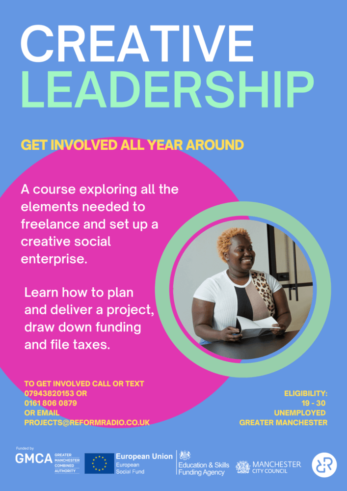 Blue background with an image of a young person sat at a table holding a piece of paper. Large text at the top reads “Creative Leadership: Get involved all year around.” The rest of the text on the image is about the course and explained in the text on this page underneath the “Creative Leadership” header.