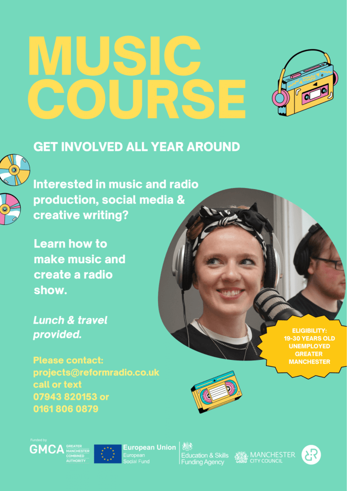 Green background with an image of a young person wearing headphones. Large text at the top reads “Music Course: Get involved all year round.” The rest of the text on the image is about the course and explained in the text on this page underneath the “Music course” header.