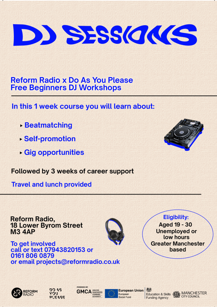 Paper effect background with an image of a DJ deck and a pair of headphones. Large stylised text at the top reads “DJ Sessions.” The rest of the text on the image is about the course and explained in the text on this page underneath the “DJ sessions for beginners” header.