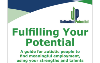 Image has green and blue design at the top, with the Unlimited Potential logo to the right. Green text reads "Fulfilling Your Potential. A guide for autistic people to find meaningful employment, using your strengths and talent"