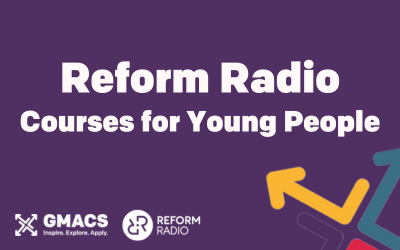 Purple background with GMACS logo and Reform Radio logo. Image text reads "Reform radio: courses for young people"