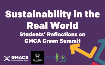 Purple background with GMACS logo, Connell Coop College logo and Eco Vida Routes logo. Image reads "Sustainability in the real world. Students' reflections on GMCA Green Summit."
