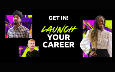 Graphic with images of young people working at the BBC. Text reads "Get In! Launch your career."