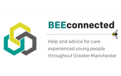 Bee Connected logo to the left of the image, with the header text "Bee Connected" and text that reads "Help and advice for care experienced young people throughout Greater Manchester."