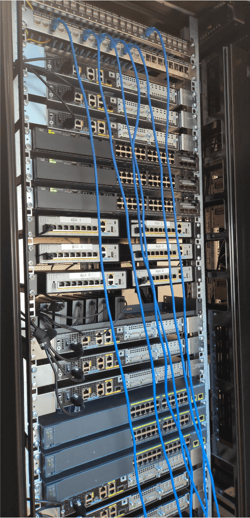 A rack of networking equipment.