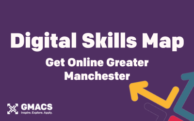 Image text reads "Digital Skills Map: Get Online Greater Manchester", on purple background with GMACS logo in the corner.