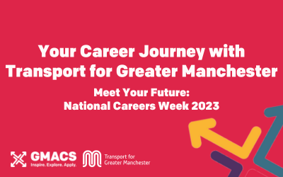 Red background with GMACS and TfGM logos. Image text reads "Your Career Journey with Transport for Greater Manchester. Meet Your Future: National Careers Week 2023".