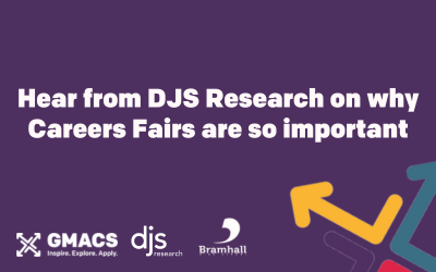 Purple background with GMACS logo. Text reads "Hear from DJS Research on why Careers Fairs are so important".