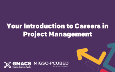 Purple background with GMACS logo and Migso-Pcubed logo. Image text reads "your introduction to careers in project management".