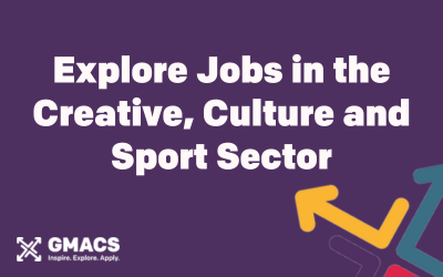 Purple background with GMACS logo. Text reads "Explore Jobs in the Creative, Culture and Sport Sector".