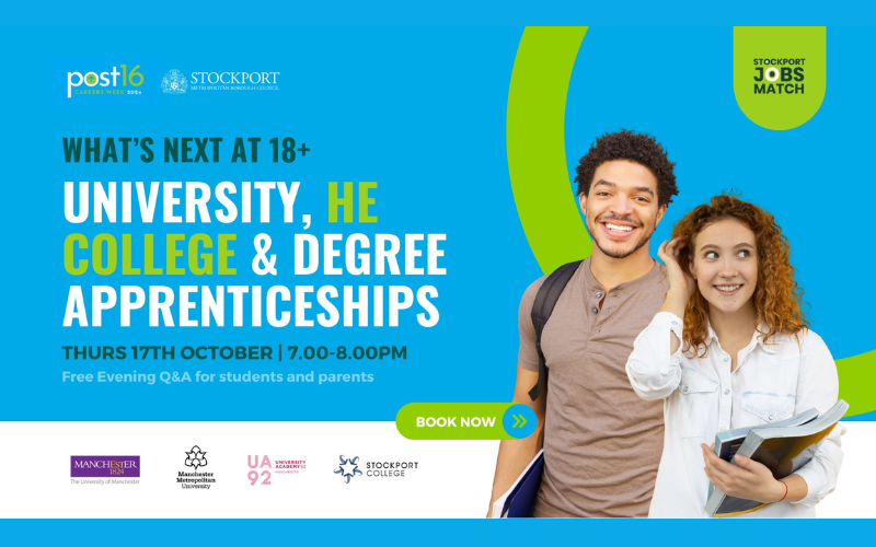 Blue background with image of young people looking at the camera and smiling. Image text reads "What's next at 18+? University, HE courses, and degree apprenticeships."