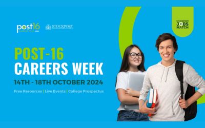 Blue background with image of young people looking at the camera and smiling. Image text reads "Post-16 careers week. 13th-16th October."