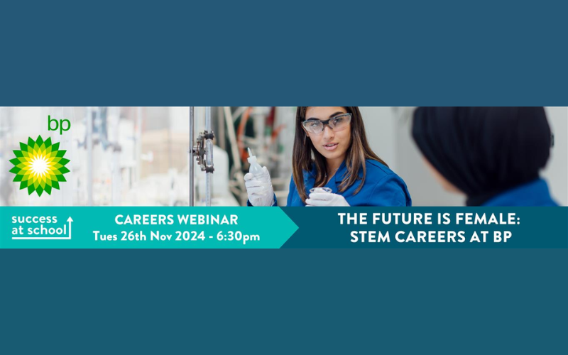 Blue background with an image of a woman in goggles looking at the camera.The image also reads "the future is female: stem careers at bp"