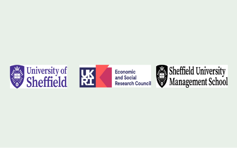 Green background with logos of University of Sheffield, UK Research Institute and Sheffield University Management School