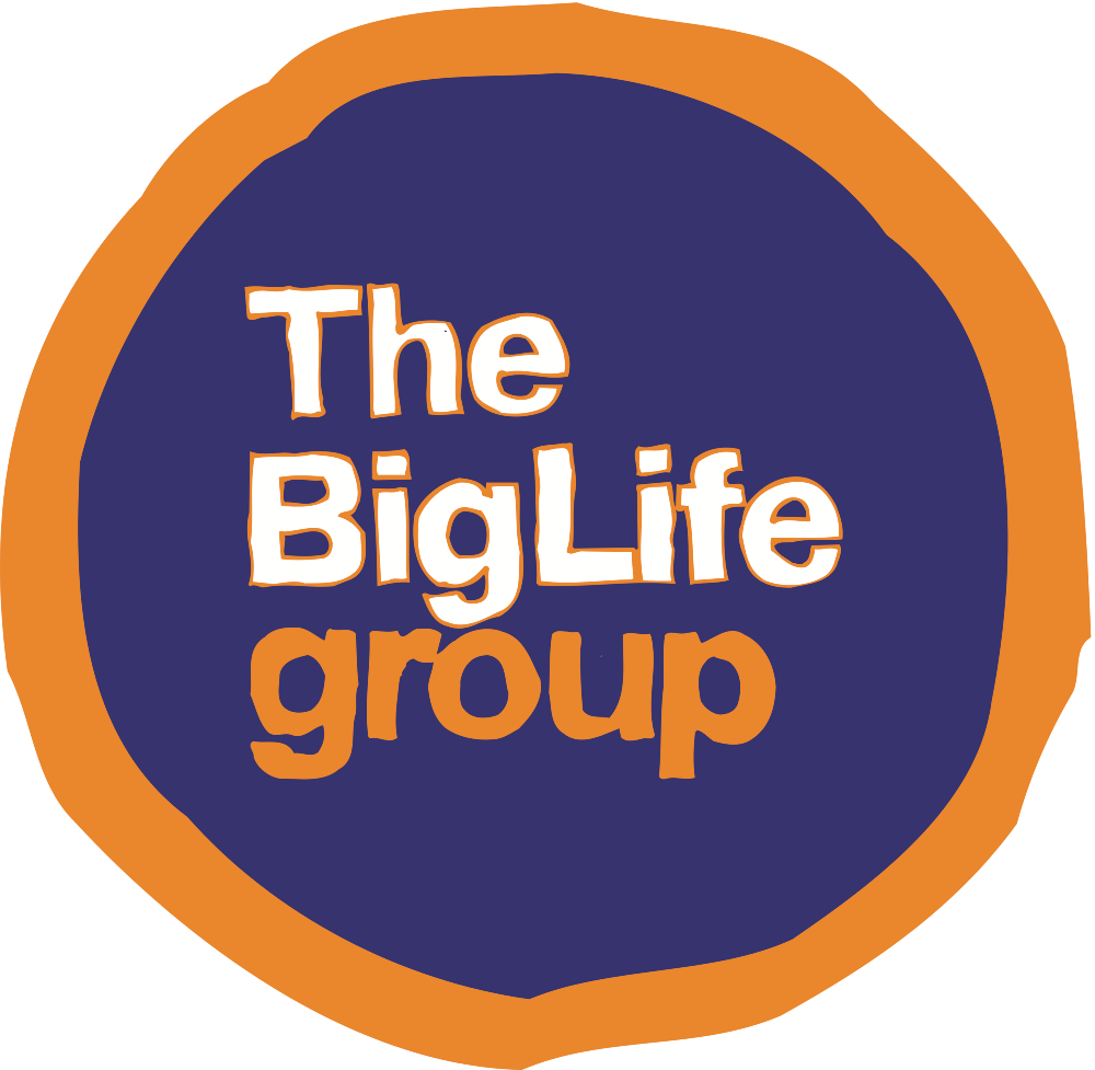 a purple circle surrounded by a yellow circle that reads "The BigLife group"