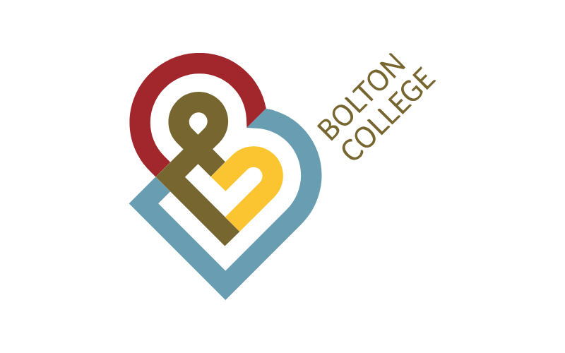 The logo for Bolton College, a stylised slanted B in red, blue, yellow and brown, with the words Bolton College written at an angle.