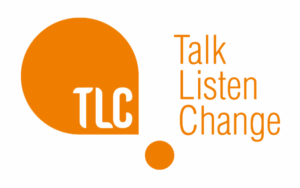Talk Listen Change logo: TLC in an orange speech bubble, with Talk Listen Change written in orange.