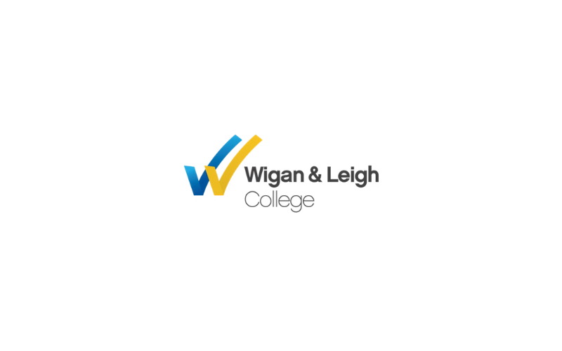 The Wigan & Leigh College logo: A blue and yellow tick to the left, with Wigan & Leigh College written next to it.