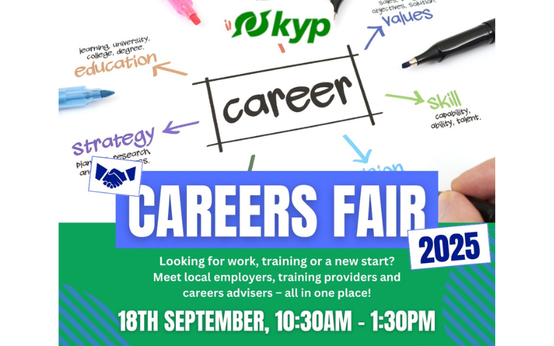 kyp rochdale careers fair Poster for KYP Rochdale Careers Fair. It has a drawn-style image at the top with Careers Fair in big letters.