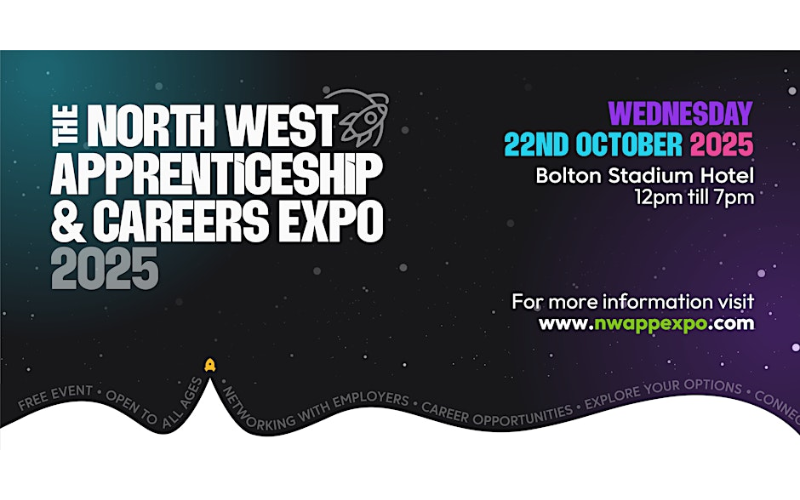 nw apprenticeships and careers expo Black background with "North West Apprenticeships and Careers Expo 2025" written on in large white text.