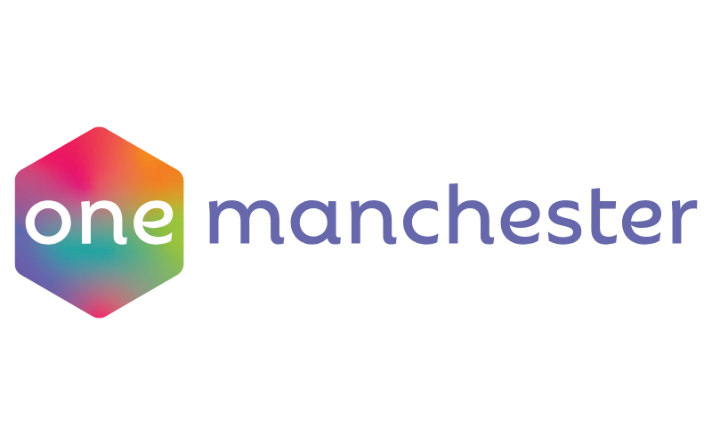 Logo for One Manchester - the word "one" is displayed in a stylised multicoloured hexagon, with "manchester" written in blue next to it.