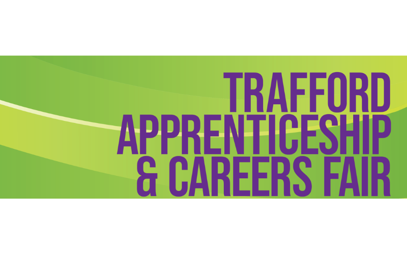 Green background with Trafford Apprenticeships & Careers Fair in large purple text
